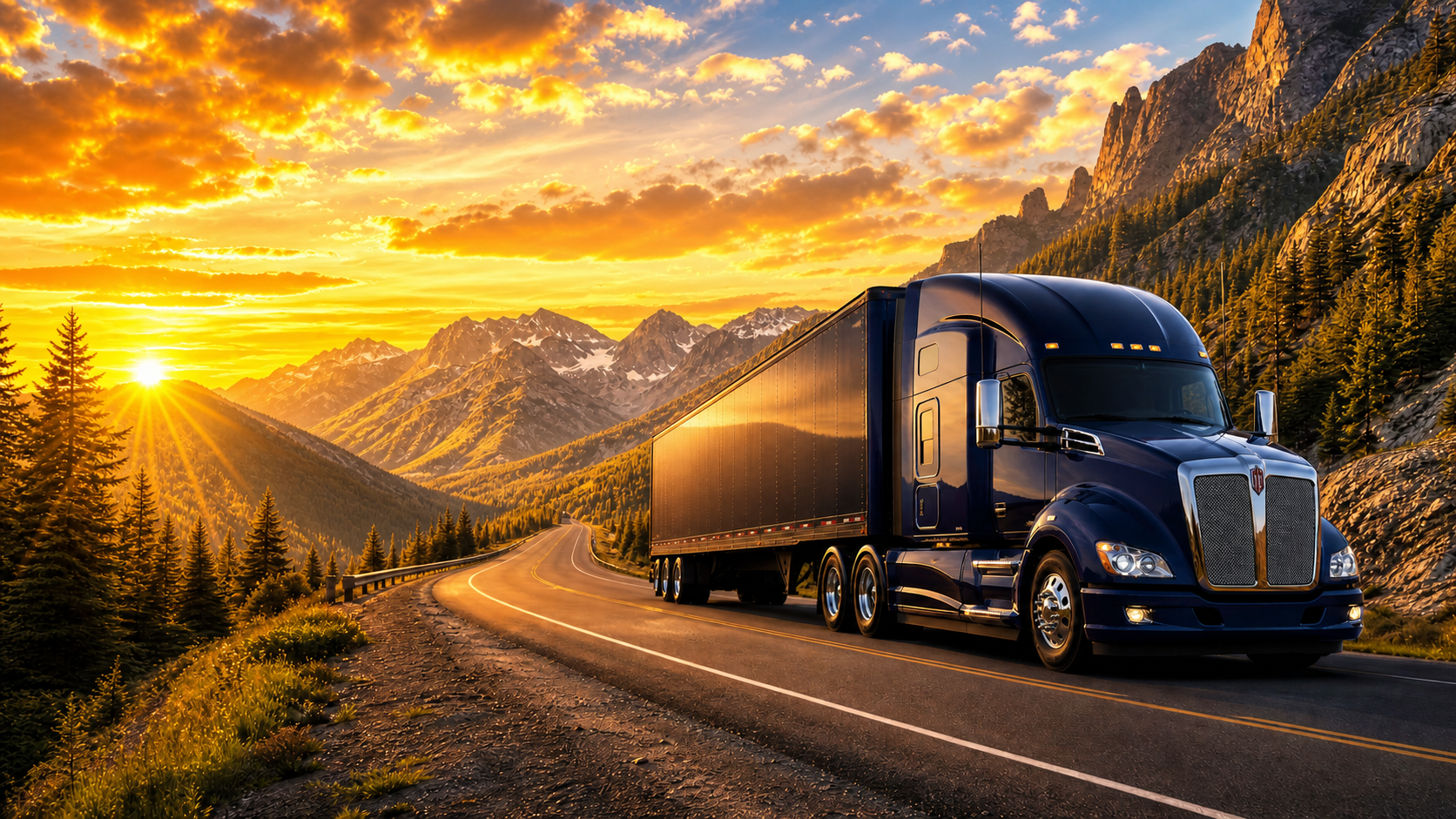 Freight truck on mountain highway at sunset